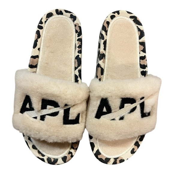 APL WOMEN'S SHEARLING SLIDES PARCHMENT/BLACK/LEOPARD, Size 8 NIB - Picture 1 of 5